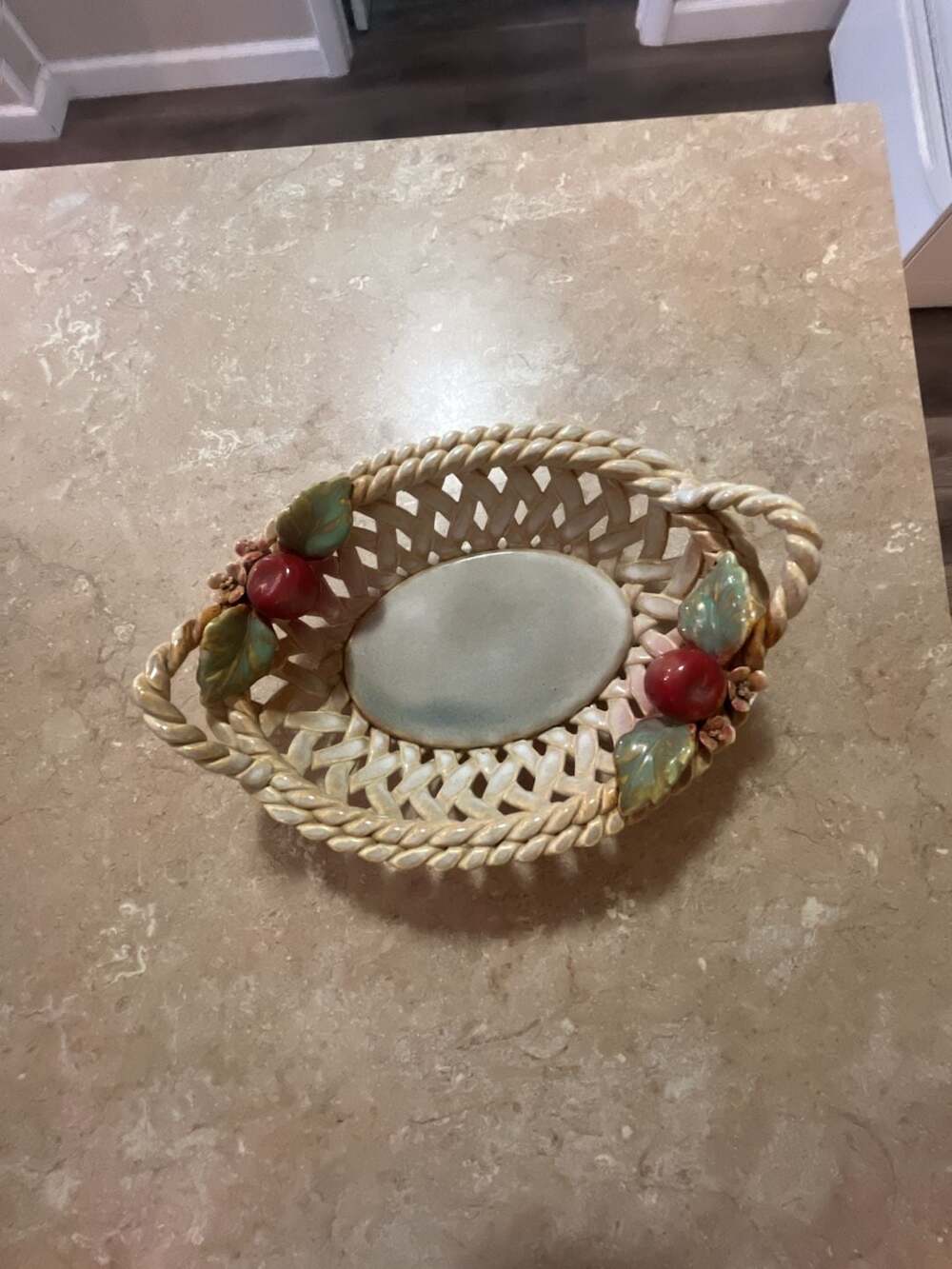 Vintage Ceramic Woven Basket Centerpiece with Apples and Blossoms
